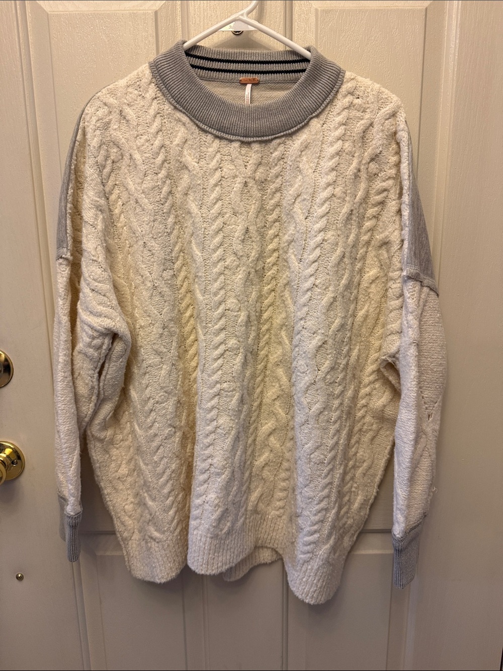 Free People Cozy Cable Knit Crewneck Sweater - Cream with Gray Trim